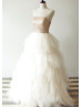 Sheer Neckline Matte Sequin Champagne Ruffle Tulle Long Prom Dress